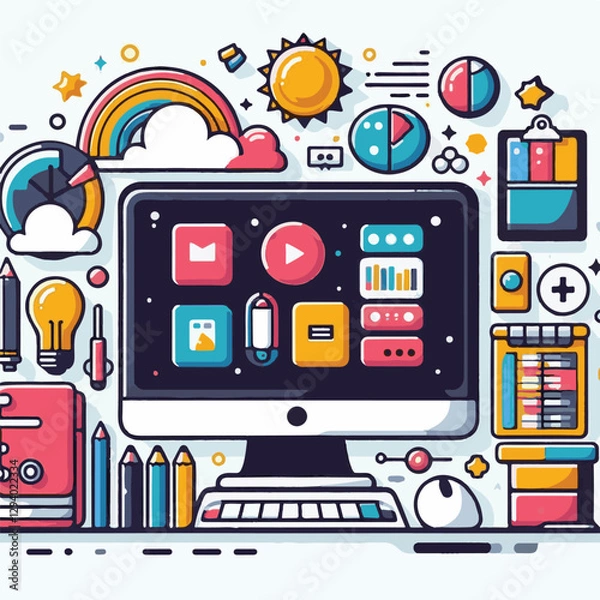 Fototapeta computer, technology, digital, business, communication, laptop, tech, device, design, pc, work, internet, office, web, desktop, monitor, employee, information, modern, data, electronic, vector, backgr