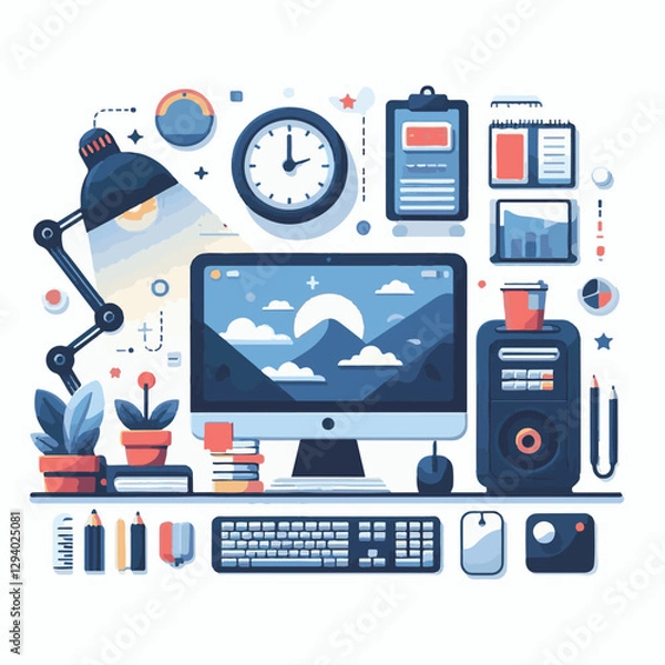 Fototapeta computer, technology, digital, business, communication, laptop, tech, device, design, pc, work, internet, office, web, desktop, monitor, employee, information, modern, data, electronic, vector, backgr
