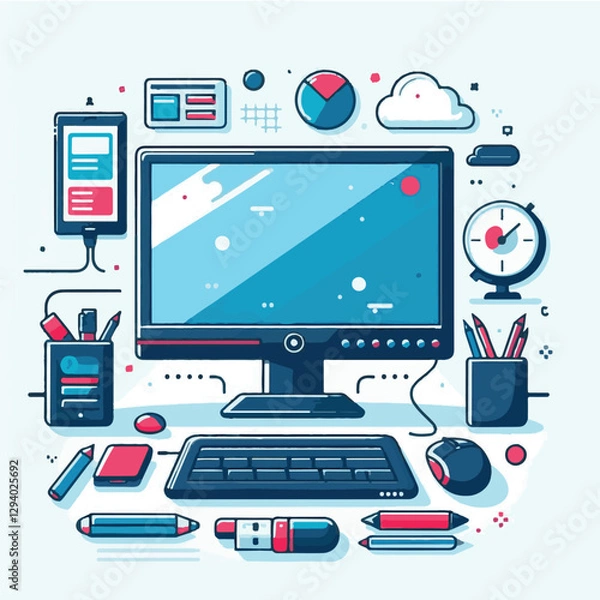 Fototapeta computer, technology, digital, business, communication, laptop, tech, device, design, pc, work, internet, office, web, desktop, monitor, employee, information, modern, data, electronic, vector, backgr
