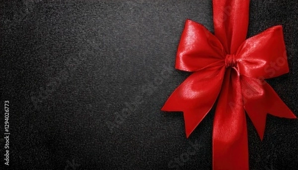 Fototapeta red satin ribbon bow with shiny edges on black textured background, gift wrapping detail for festive occasion