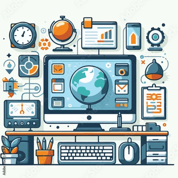 Fototapeta computer, technology, digital, business, communication, laptop, tech, device, design, pc, work, internet, office, web, desktop, monitor, employee, information, modern, data, electronic, vector, backgr