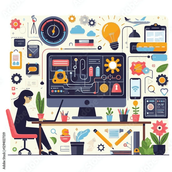 Fototapeta computer, technology, digital, business, communication, laptop, tech, device, design, pc, work, internet, office, web, desktop, monitor, employee, information, modern, data, electronic, vector, backgr