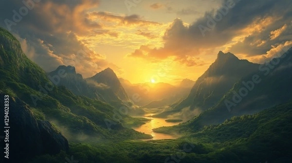 Obraz Majestic sunset over a valley with a river.