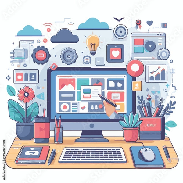 Fototapeta computer, technology, digital, business, communication, laptop, tech, device, design, pc, work, internet, office, web, desktop, monitor, employee, information, modern, data, electronic, vector, backgr
