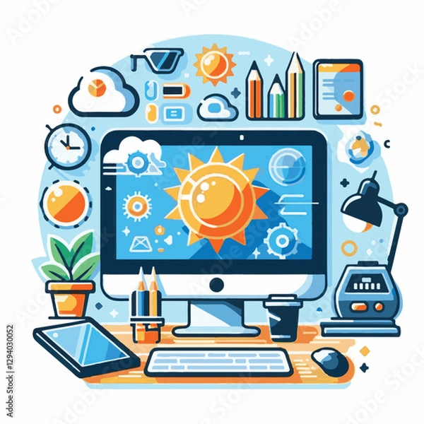Fototapeta computer, technology, digital, business, communication, laptop, tech, device, design, pc, work, internet, office, web, desktop, monitor, employee, information, modern, data, electronic, vector, backgr