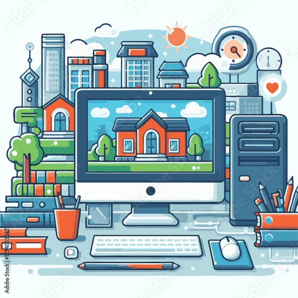 Obraz computer, technology, digital, business, communication, laptop, tech, device, design, pc, work, internet, office, web, desktop, monitor, employee, information, modern, data, electronic, vector, backgr