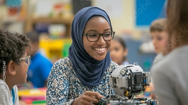 Fototapeta Diverse Students Building Robot in Classroom