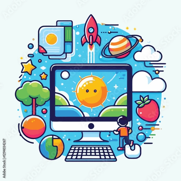 Fototapeta computer, technology, digital, business, communication, laptop, tech, device, design, pc, work, internet, office, web, desktop, monitor, employee, information, modern, data, electronic, vector, backgr