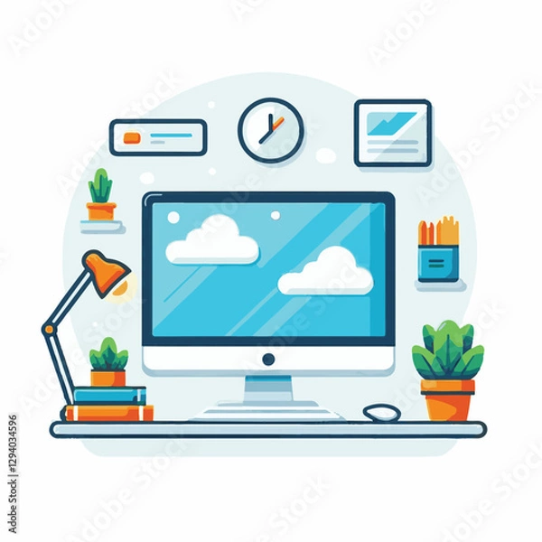 Fototapeta computer, technology, digital, business, communication, laptop, tech, device, design, pc, work, internet, office, web, desktop, monitor, employee, information, modern, data, electronic, vector, backgr