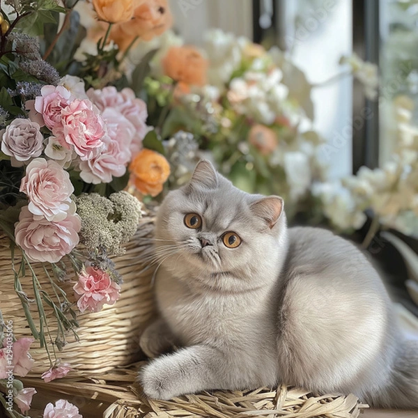 Obraz cat in a basket with peony flowers 