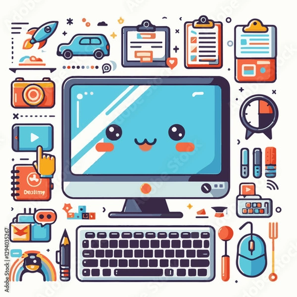 Fototapeta computer, technology, digital, business, communication, laptop, tech, device, design, pc, work, internet, office, web, desktop, monitor, employee, information, modern, data, electronic, vector, backgr