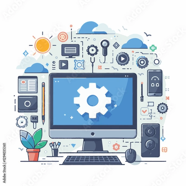 Fototapeta computer, technology, digital, business, communication, laptop, tech, device, design, pc, work, internet, office, web, desktop, monitor, employee, information, modern, data, electronic, vector, backgr