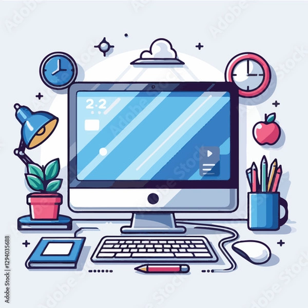 Fototapeta computer, technology, digital, business, communication, laptop, tech, device, design, pc, work, internet, office, web, desktop, monitor, employee, information, modern, data, electronic, vector, backgr