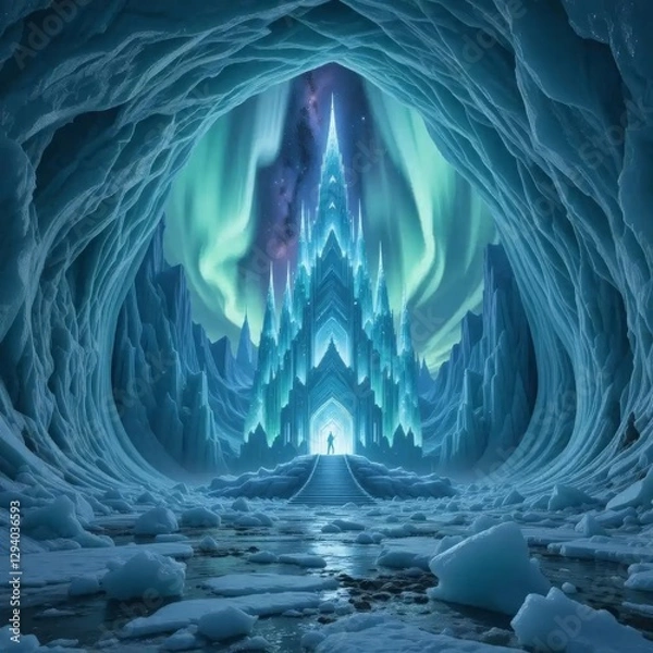 Fototapeta A cosmic ice temple nestled within a glacier under the aurora's glow