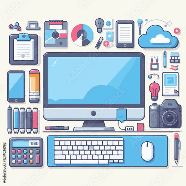Fototapeta computer, technology, digital, business, communication, laptop, tech, device, design, pc, work, internet, office, web, desktop, monitor, employee, information, modern, data, electronic, vector, backgr