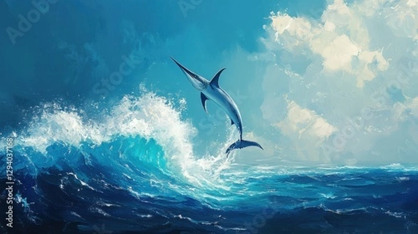 Fototapeta Blue Marlin Jumping in Ocean Waves. Majestic Ocean Animal in Blue Waters