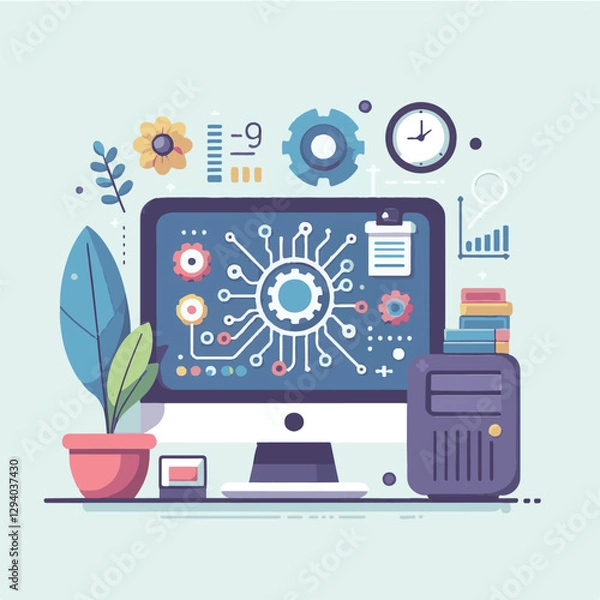 Fototapeta computer, technology, digital, business, communication, laptop, tech, device, design, pc, work, internet, office, web, desktop, monitor, employee, information, modern, data, electronic, vector, backgr