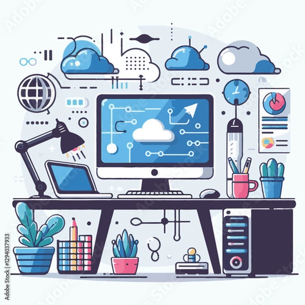 Fototapeta computer, technology, digital, business, communication, laptop, tech, device, design, pc, work, internet, office, web, desktop, monitor, employee, information, modern, data, electronic, vector, backgr
