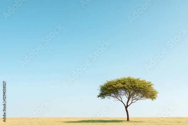 Fototapeta single lone tree stands gracefully in open field beneath clear blue sky symbolizing growth and sustainability copy
