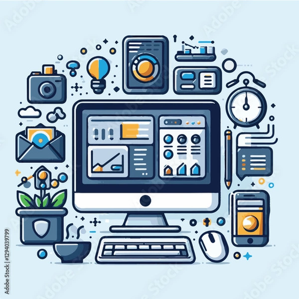 Fototapeta computer, technology, digital, business, communication, laptop, tech, device, design, pc, work, internet, office, web, desktop, monitor, employee, information, modern, data, electronic, vector, backgr
