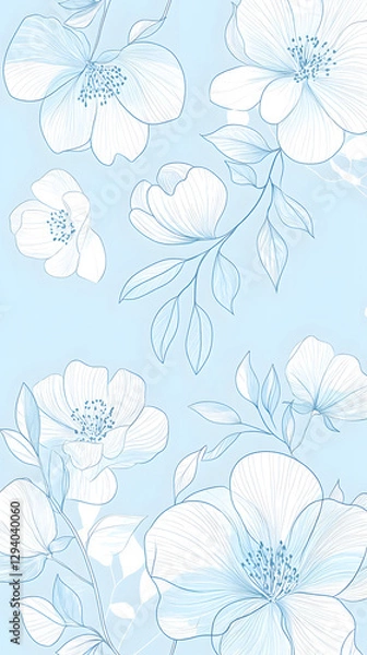 Fototapeta Light blue background with delicate line art flowers, vector illustration
