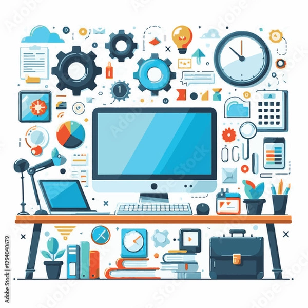 Fototapeta computer, technology, digital, business, communication, laptop, tech, device, design, pc, work, internet, office, web, desktop, monitor, employee, information, modern, data, electronic, vector, backgr