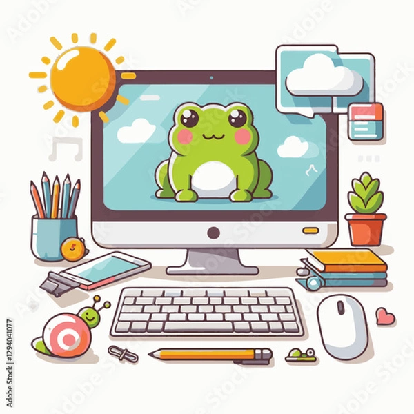 Fototapeta computer, technology, digital, business, communication, laptop, tech, device, design, pc, work, internet, office, web, desktop, monitor, employee, information, modern, data, electronic, vector, backgr