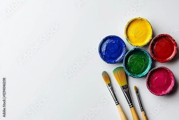 Obraz Close up of paints and brushes with copy space on white background , isolated on white background,  , copy space, copy space for text,