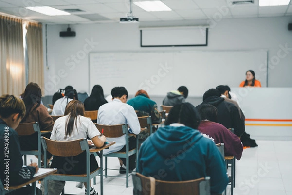 Fototapeta University Students Taking an Exam in a Classroom