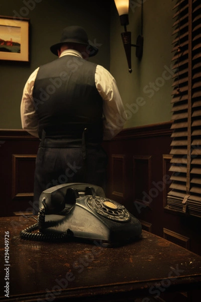 Obraz Portrait of detective and old phone in  vintage office. Picture on the wall is my picture.