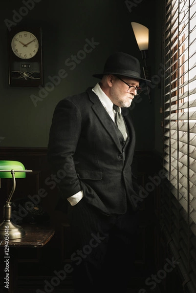 Obraz Portrait of detective is looking into the window in his vintage office