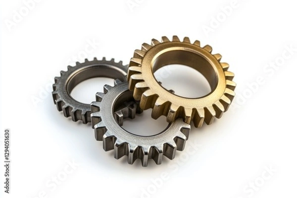 Obraz Three metallic gears interlocked, symbolizing teamwork, collaboration, and synchronized processes.
