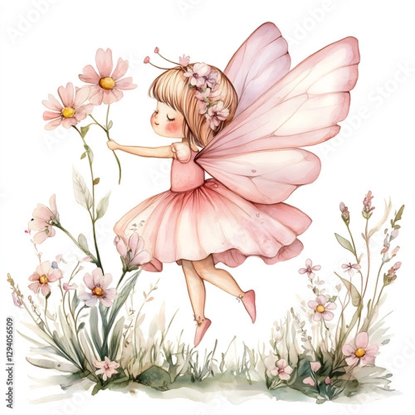 Fototapeta A delicate digital illustration of a pink fairy with wings, holding daisies, on a green background. Elegant, magical, ideal for fantasy decor or prints.