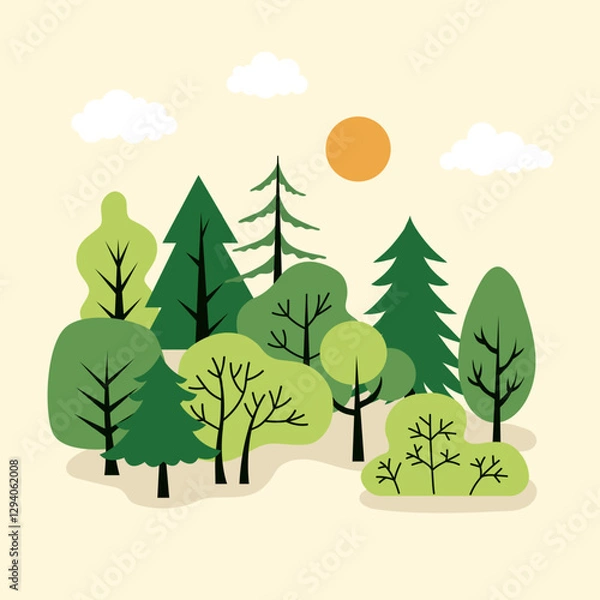 Fototapeta Green forest landscape. Simple and flat design. Vector elements for a poster, banner, or card. Trees icons 