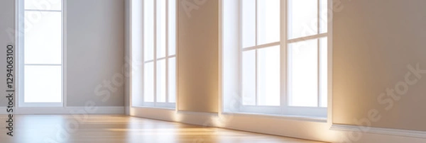 Fototapeta Elegant empty room with large windows allowing natural light in bright setting