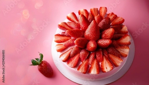Fototapeta A beautifully crafted strawberry cake topped with fresh strawberries and whipped cream, set against an abstract pink background."