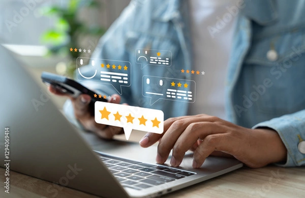 Fototapeta Online customer satisfaction Survey service concept, client rate service from experience in application,Consumer give five-Stars and feedback review for quality, Business reputation ranking from buyer