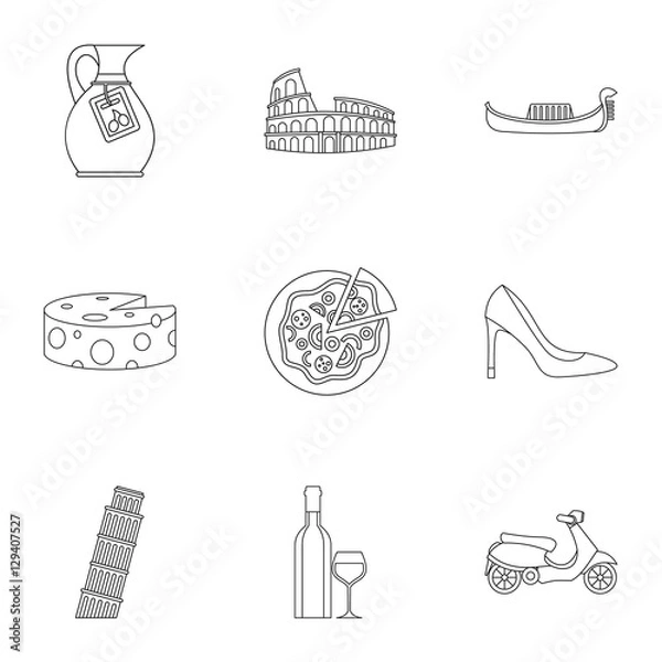 Fototapeta Holiday in Italy icons set. Outline illustration of 9 holiday in Italy vector icons for web