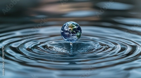 Fototapeta Miniature Earth globe suspended in water, creating ripples against a blurred, blue background