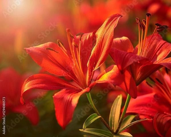 Fototapeta Love, purity, rebirth, and the Lunar New Year are symbolized by this close-up of red lilies in full bloom in warm sunlight on a red blurred background