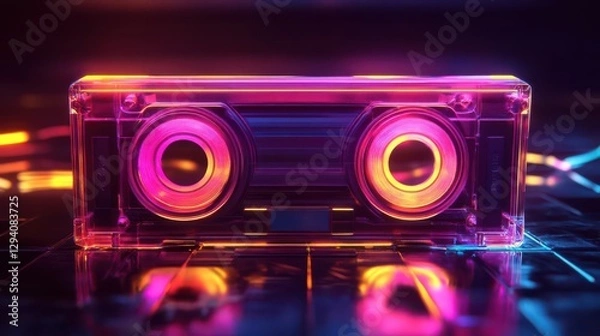 Fototapeta Neon cassette. Nostalgia of the 90s. Audio cassette for listening to music