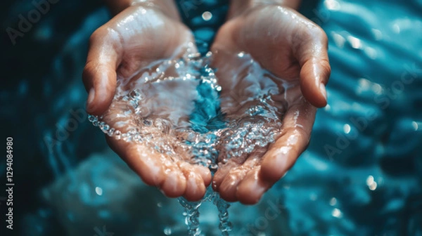 Obraz Gentle hands cupping clear water, highlighting the beauty and purity of nature, with sparkling droplets reflecting sunlight in a serene blue environment