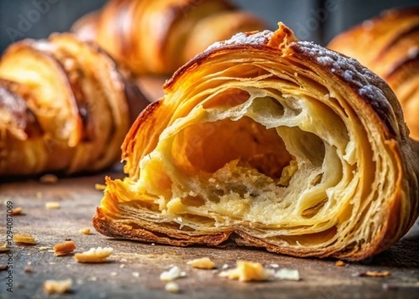 Fototapeta Close-up Documentary Photo: The Textured Surface of a Torn Croissant