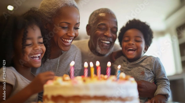 Obraz Joyful Family Celebration: Grandparents and Grandchildren Gather Around a Birthday Cake with Smiling Faces and Lit Candles, Creating Cherished Memories Together
