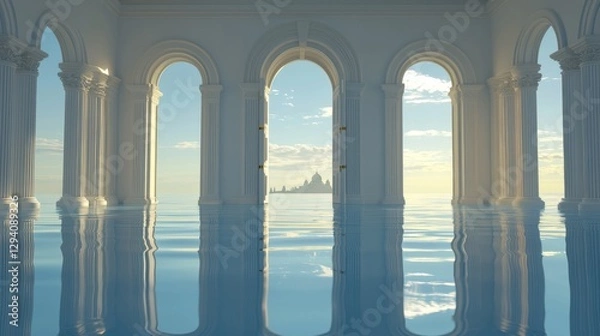 Fototapeta Serene Architectural Interior with Reflective Water and Dreamy Skyline in the Background Beneath a Tranquil Sky