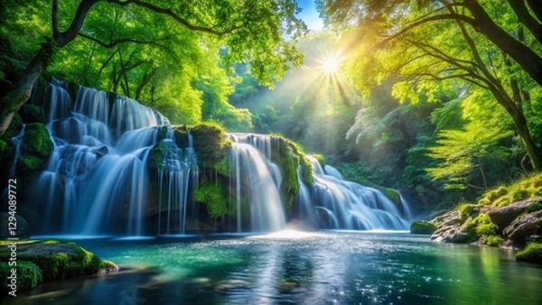 Fototapeta Lush Green Forest Waterfall, Blue Sky, Bokeh - Nature Stock Photo
