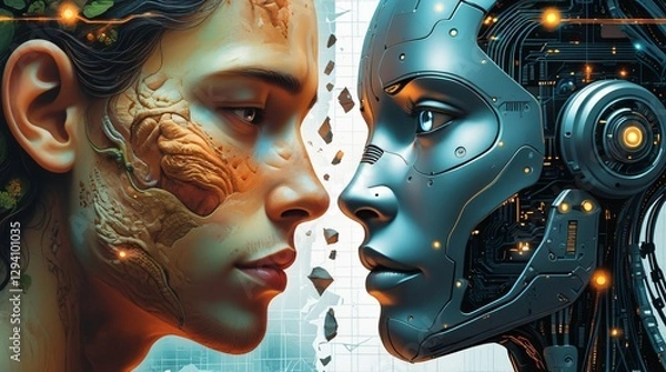 Fototapeta Futuristic concept of a conflict and war between human consciousness and artificial intelligence. Deep emotions and organic atmosphere. Fusion of biology, science, and technology.