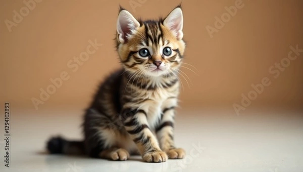 Fototapeta Charming Scottish Straight kitten, sitting pose, soft fur texture, grey, animal