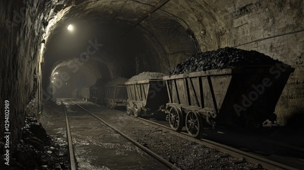 Fototapeta Underground Mining Tunnel with Rail Carts Filled with Extracted Coal