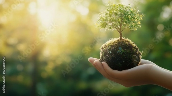 Fototapeta A hand holding a small moss-covered globe with a tree, symbolizing environmental care and growth
